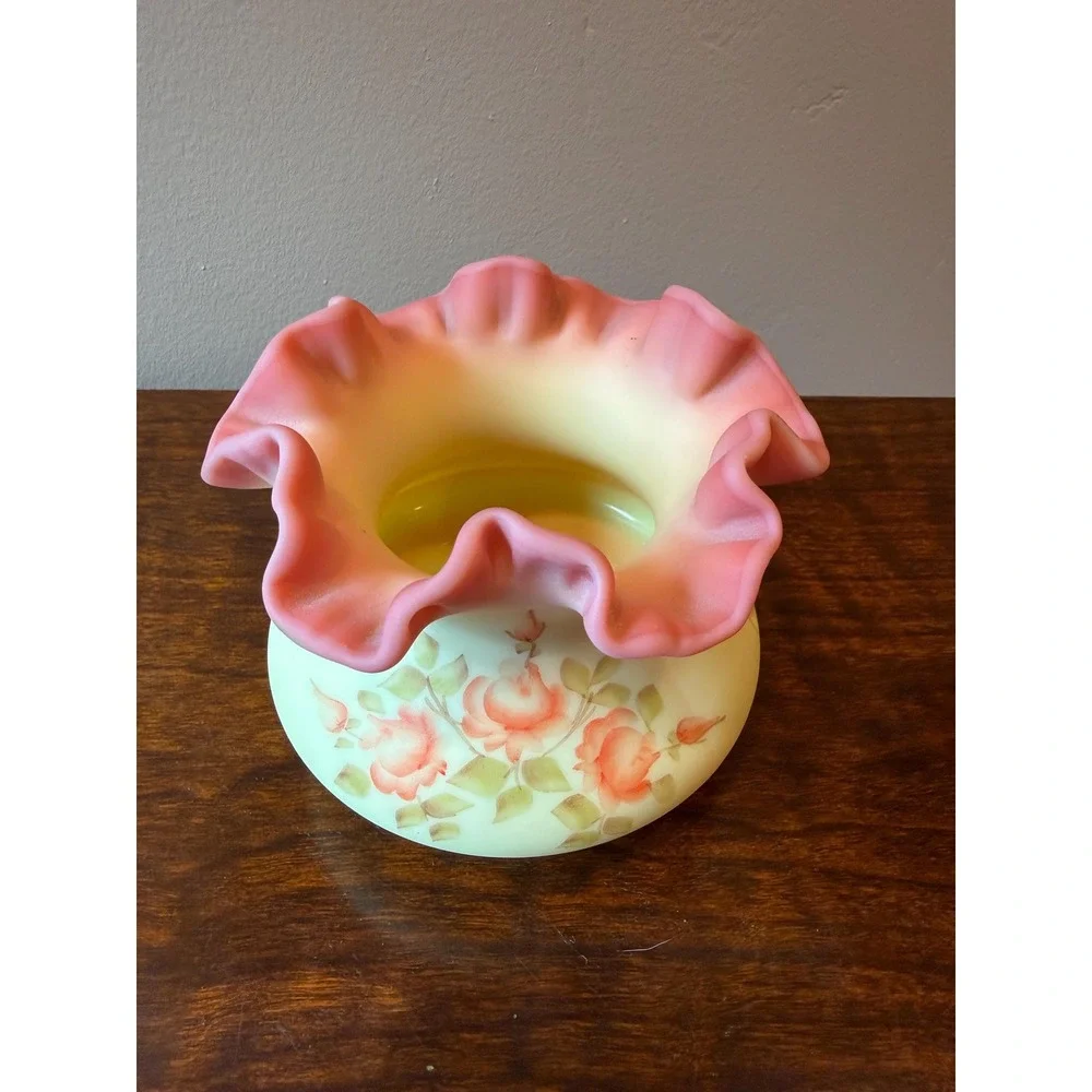 Vintage Fenton Rose Burmese Glass Ruffled Crimped Vase, Handpainted Signed